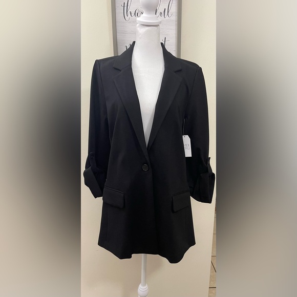 Women's Relaxed Fit Button Front Ponte Blazer with Adjustable Sleeves Black. NWT - Picture 8 of 17